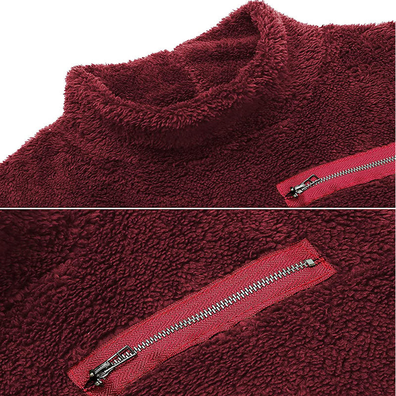 Beakey Womens Turtleneck Sweatshirt Winter Faux Fuzzy Sherpa Pullover-Wine Red