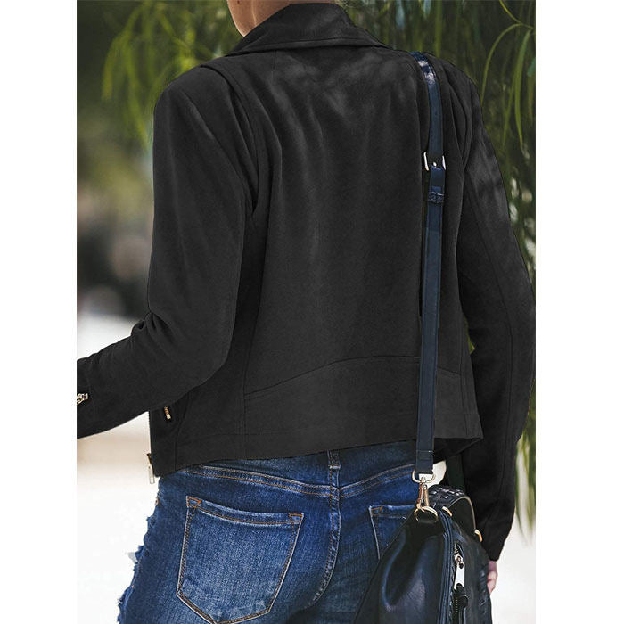 Beakey Women's Multiple Zippers Notch Collar Moto Jacket Casual Short Coat-Black-YC0271