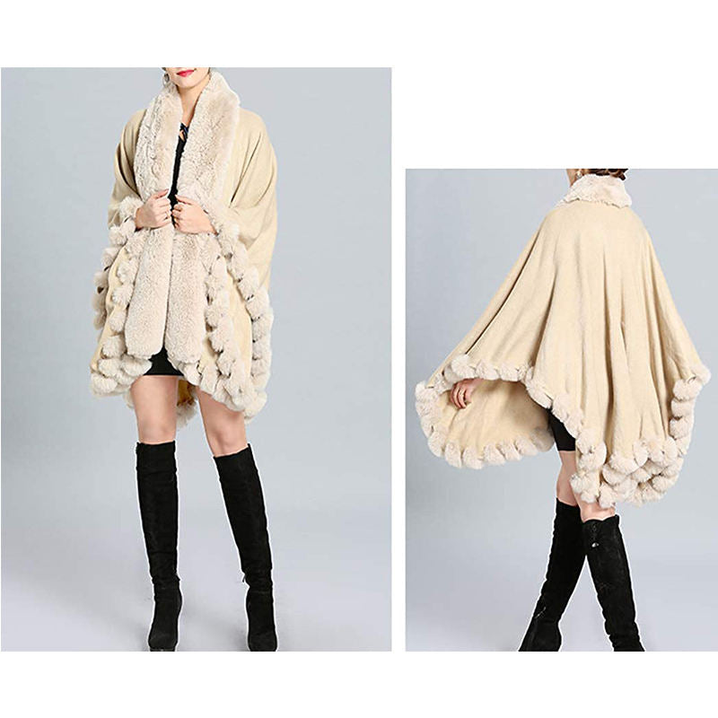 Beakey Womens Faux Fox Fur Trim Cardigan Shawl Oversized Cape-Beige