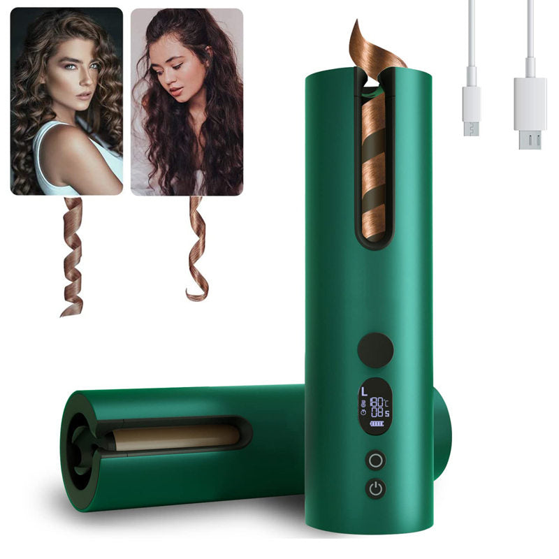 Beakey Auto Hair Curler Cordless Rechargeable LCD Display with 5 Temps-Green