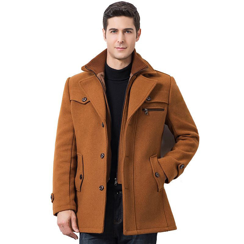 Beakey Mens Pea Coat Wool Blend Single Breasted Overcoat for Winter-Camel
