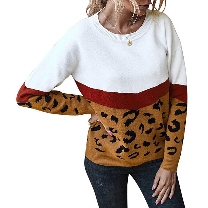 Beakey Women¡¯s Casual Knitted Sweater Leopard Print Color Block Loose Pullover-Brown-K208002