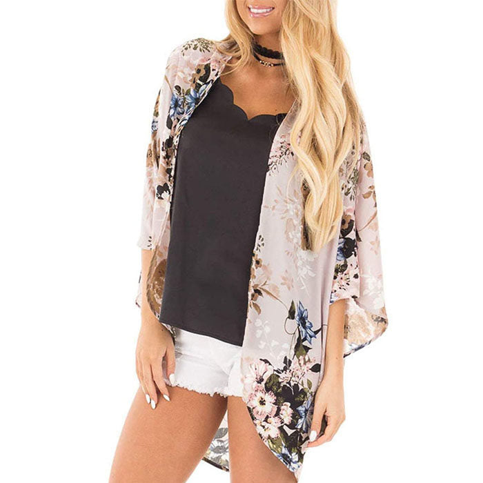 Beakey Women's Summer Floral Print Kimonos Loose Half Sleeve Chiffon Cardigan Blouses Casual Cover Up - Grey Pink