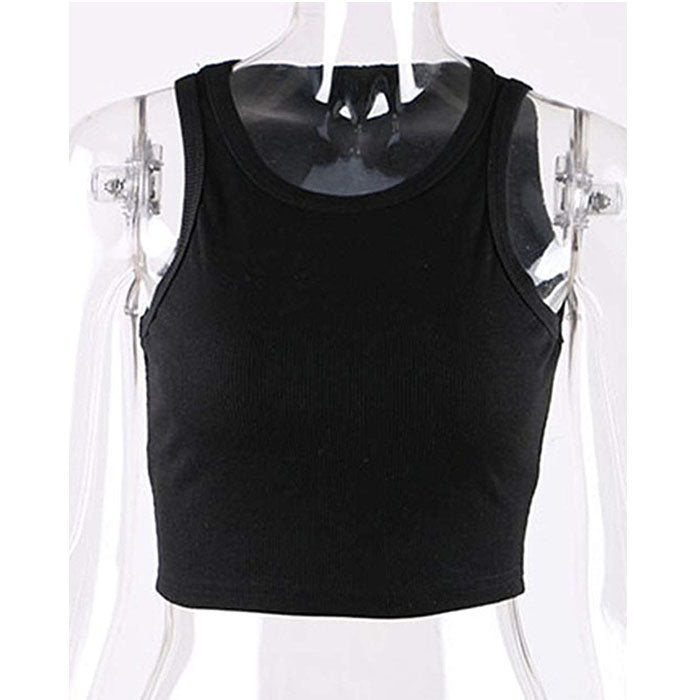Beakey Vest For Women Notch Sleeveless Summer Ribbed Short Leaking Belly Tank Tops-Black-3011