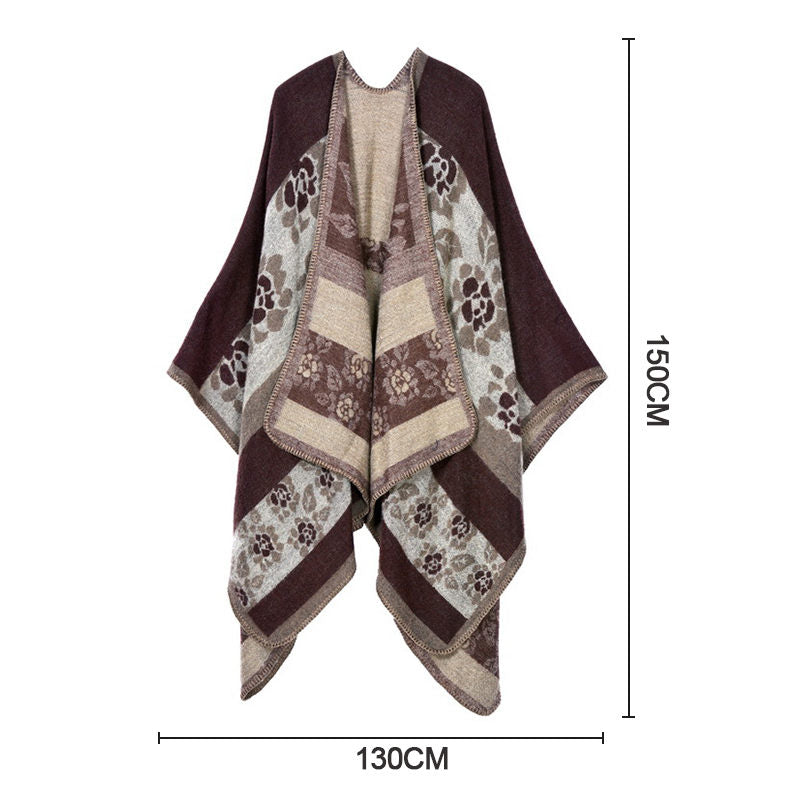 Beakey Womens Winter Reversible Oversized Blanket Cape Shawl-Flower Coffee
