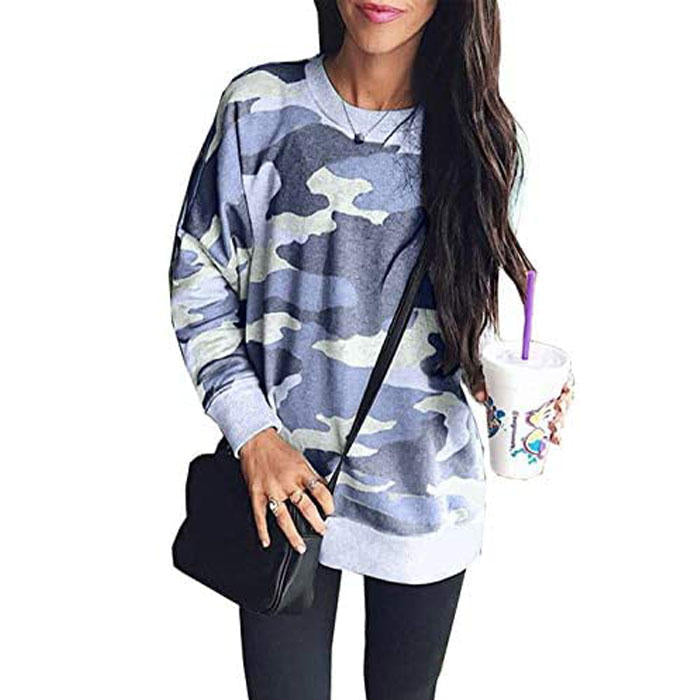 Beakey Womens Sweatshirts Camo Print Crew Neck Long Sleeve Casual TopsBlue-202024