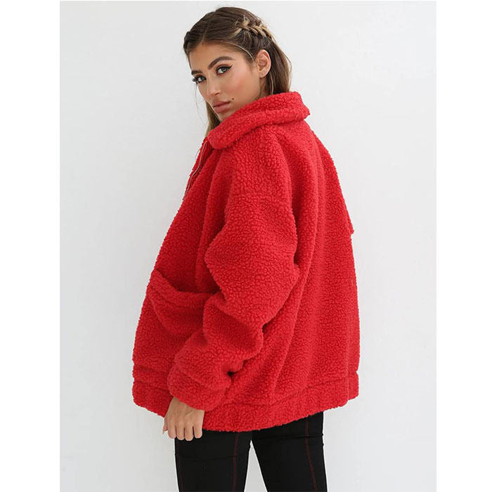 Beakey Women's Lapel Zip Up Coat Faux Shearling Shaggy Oversized  Jacket Warm Winter-Red-T0647