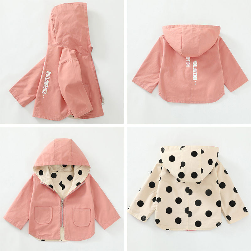 Beakey Cute Dot Hooded Jacket for Girls Reversible Full Zipper Outerwear-Pink