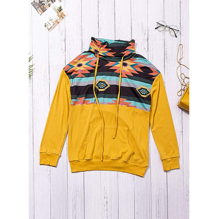 Beakey Women Turtleneck Color Block Pullover Sweatshirt Tops With Pockets-Yellow-HY201028
