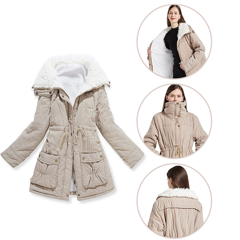 Beakey Women's Mid Length Winter Coat Thickened Warm Lamb Wool Lined Jacket-Khaki