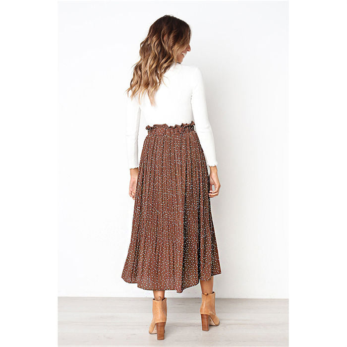 Beakey Womens High Waist Skirt Polka Dot Pleated Midi Maxi Swing Skirt High Elastic-Coffee-0387