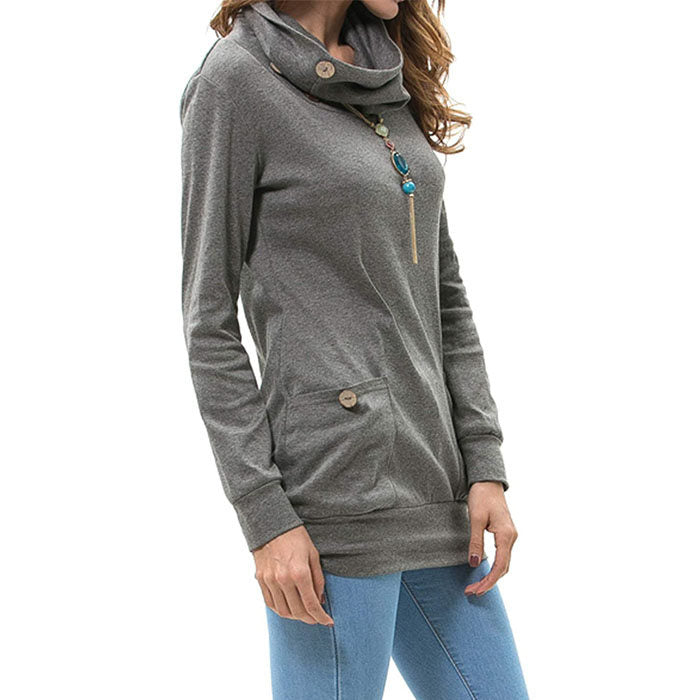 Beakey Womens Long Sleeve Buttons High Neck Casual Sweatshirts Tunic Tops With Pockets-Gray-T4554