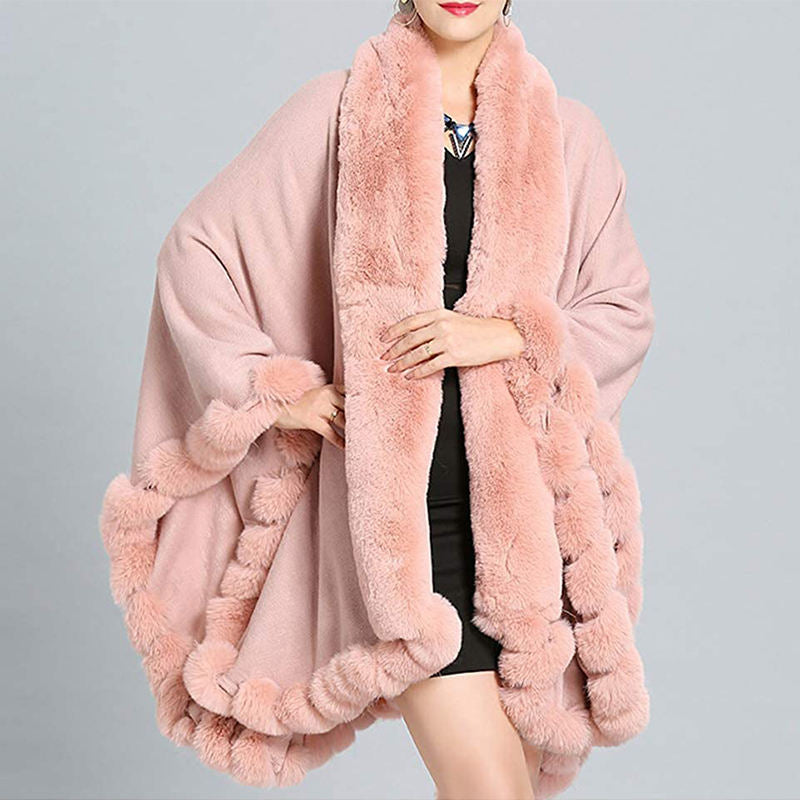 Beakey Womens Faux Fox Fur Trim Cardigan Shawl Oversized Cape-Light Pink
