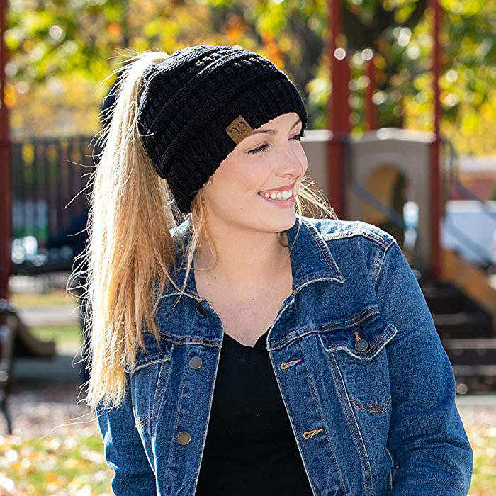 Beakey Soft Stretch Cable Knit Hat Ponytail Beanie Winter Hat For Women-Black