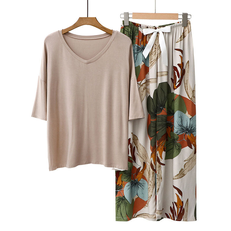 Beakey Womens Pajama Set Print Sleepwear Soft V-Neck Short Sleeve Top With Pants-20