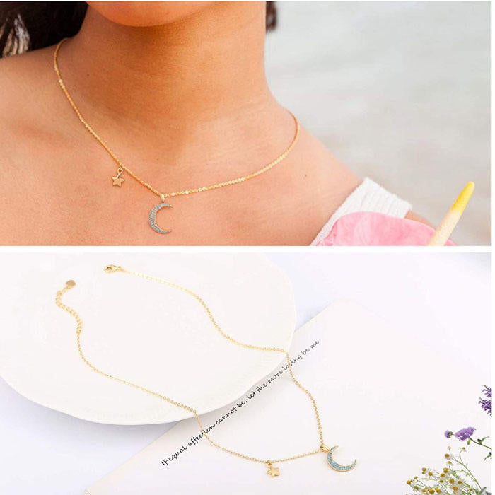 Beakey Simple Cute Long Pendant Necklace Oval Link Choker Double Layer Jewery-New Moon-GL-0092A