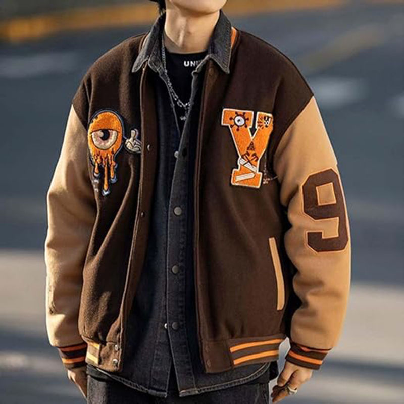 Beakey Y2K Varsity Jacket Unisex Embroidery print Baseball Coat Streetwear-Khaki