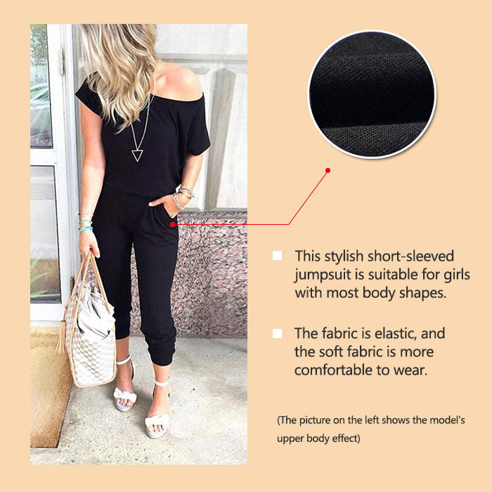 Beakey Women's Loose Solid Off Shoulder Elastic Waist Stretchy Long Romper Jumpsuit with Pockets - Black