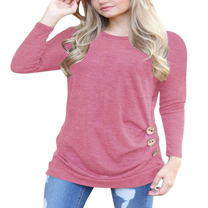 Beakey Women's Casual Long Sleeve Round Neck Loose T Shirt Blouse Tops-Pink-88041