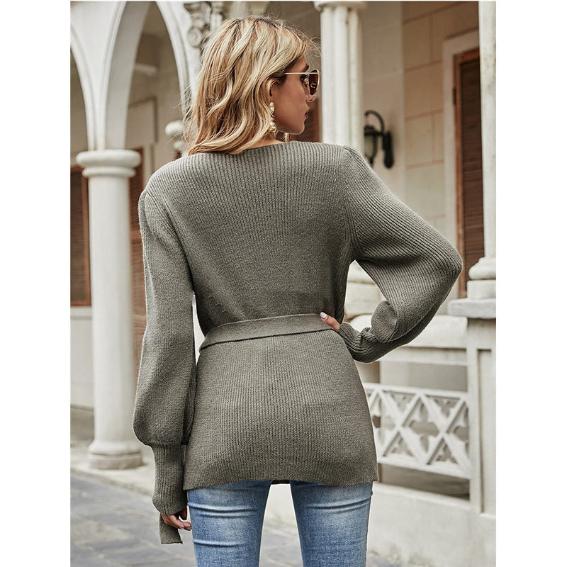 Beakey Womens Sexy V Neck Oversized Sweater Balloon Sleeve Knit Pullover-Grass Green