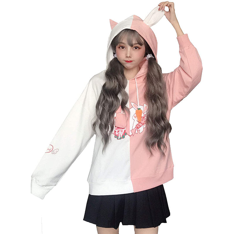 Beakey Womens Cute Hoodie Cat Rabbit Patchwork Pullover-BlackWhite