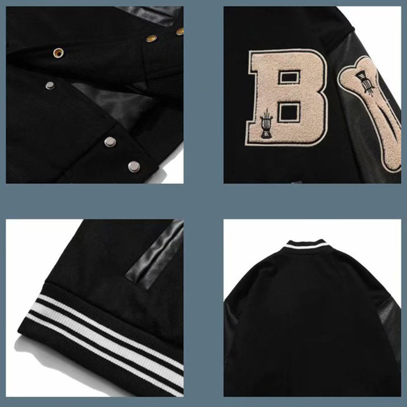 Beakey Unisex Varsity Jacket Stitched Leather Oversized Coat with Patch-Black
