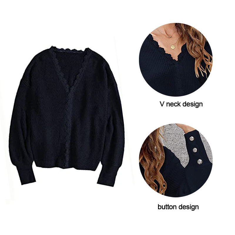 Beakey Womens Pullover Sweater Lace V Neck Long Sleeve Button Top-Black