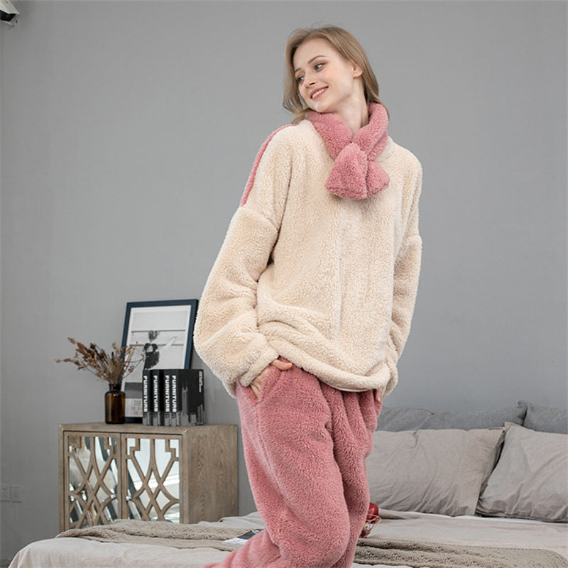 Beakey Womens Thickened Coral Fleece Pajamas Set with Scarf-Beige