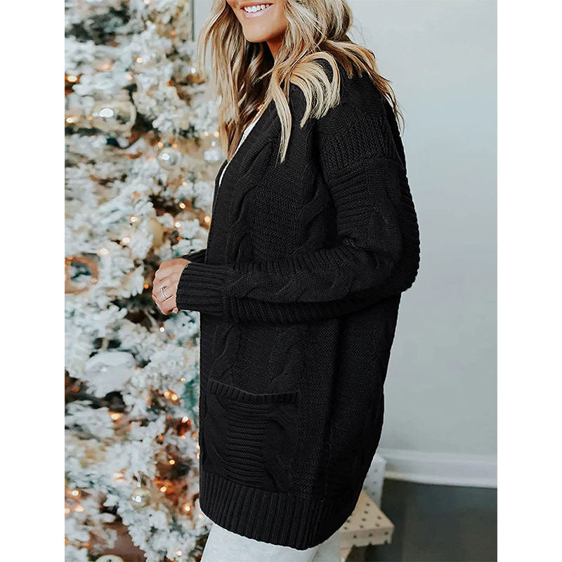 Beakey Womens Long Sleeve Cable Knit Cardigan Sweater Mid Length Coat-Black