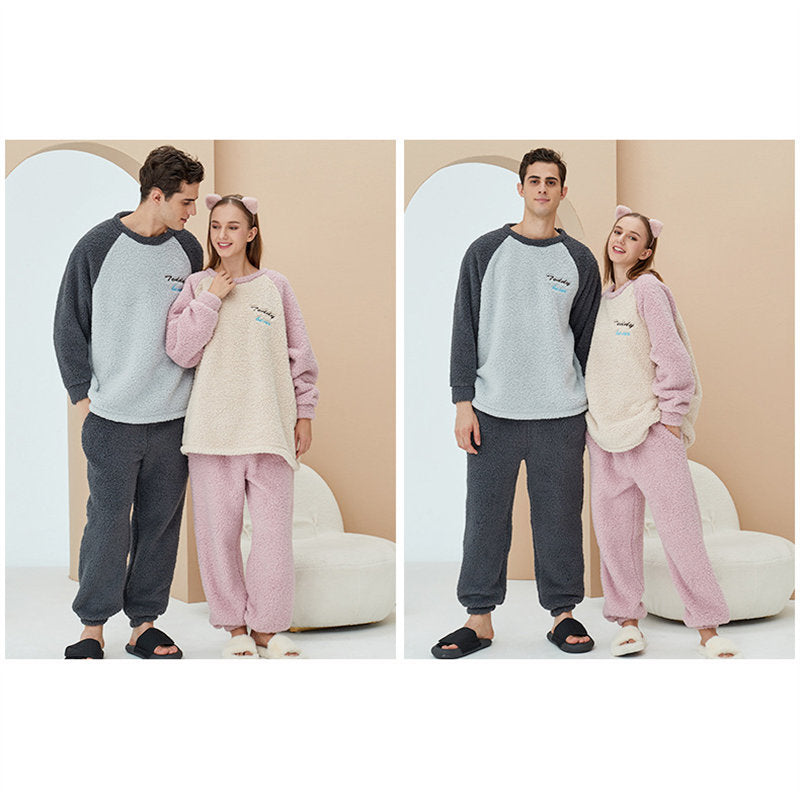 Beakey Crewneck Colorblock Pajamas Set for Couple-Pink