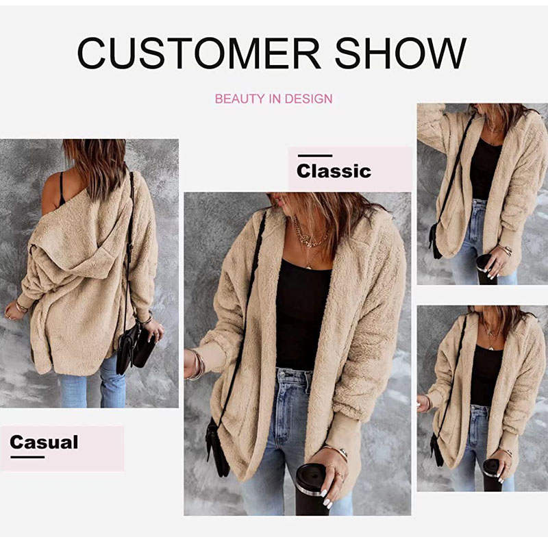 Beakey Womens Long Sleeve Fuzzy Fleece Jacket Hooded Cardigan Coat with Pockets-Apricot