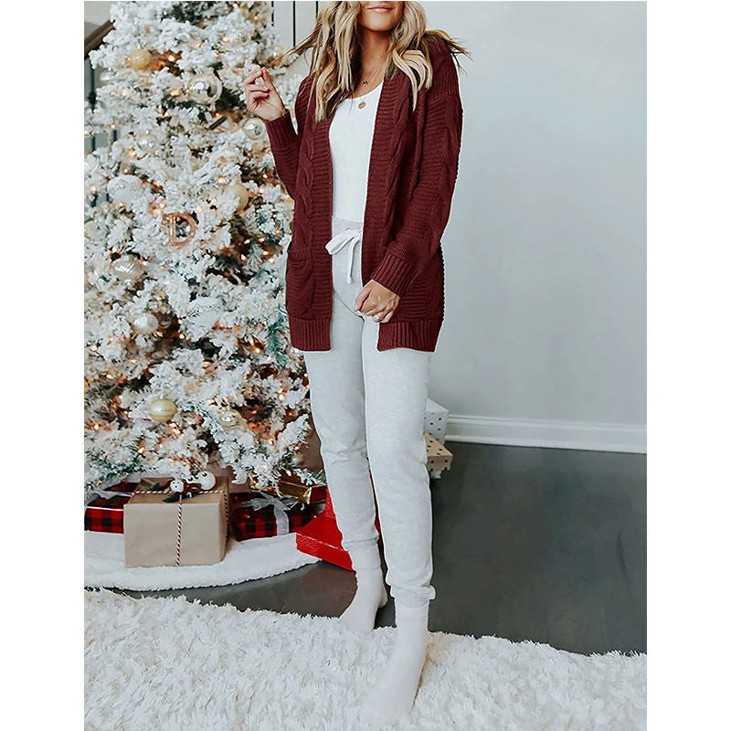 Beakey Womens Long Sleeve Cable Knit Cardigan Sweater Mid Length Coat-Wine Red