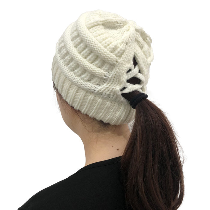 Beakey Soft Stretch Cable Knit Hat Ponytail Beanie Winter Hat For Women-White