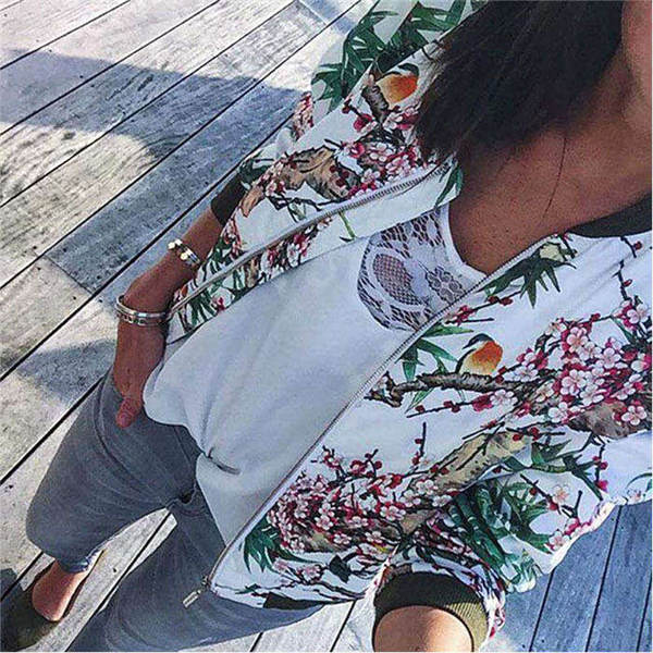 Beakey Women's Fashion Zip Up Casual Jacket Coat Short Outwear Flower Printing Tops-Dark Blue-8795