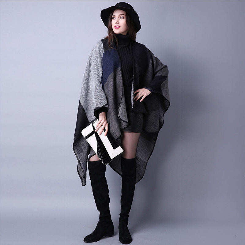 Beakey Womens Winter Reversible Oversized Blanket Cape Shawl-Black