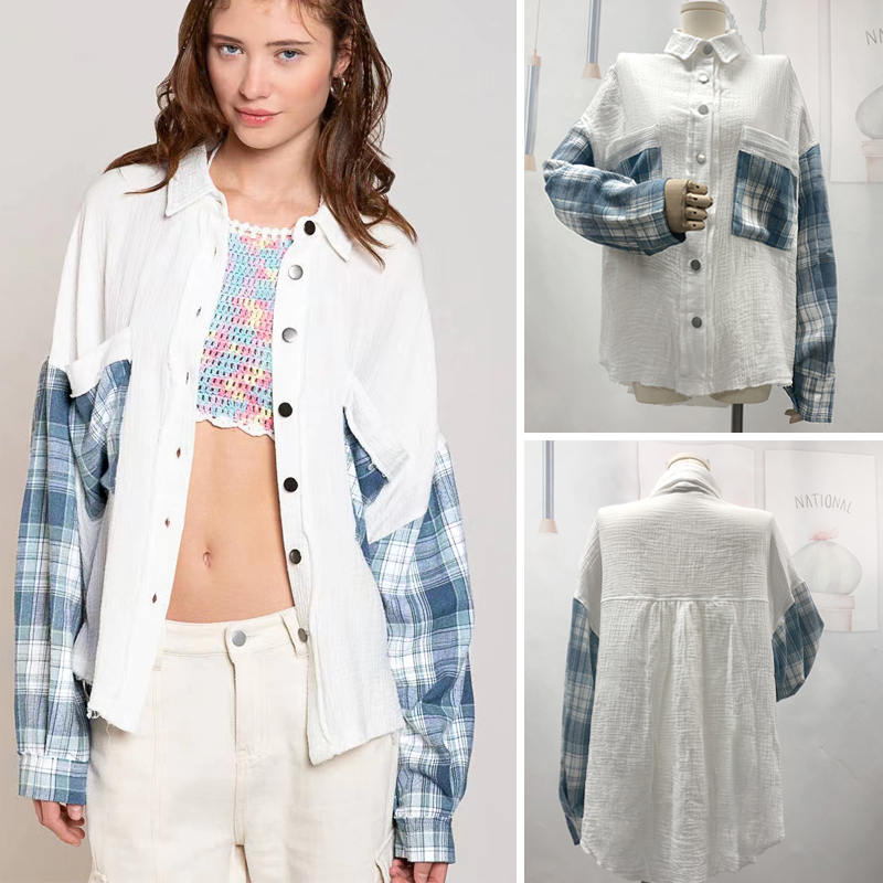 Beakey Womens Plaid Shirt Patchwork Long Sleeve Oversized Blouse for Fall