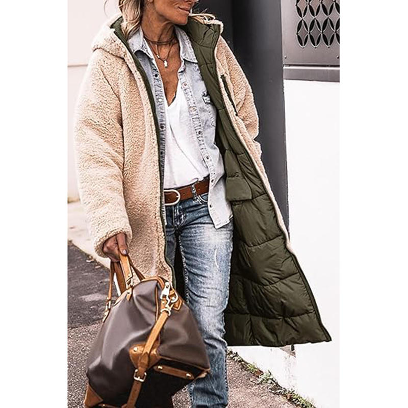 Beakey Womens Long Coats with Hood Fleece Lining Oversized Jackets-Army Green