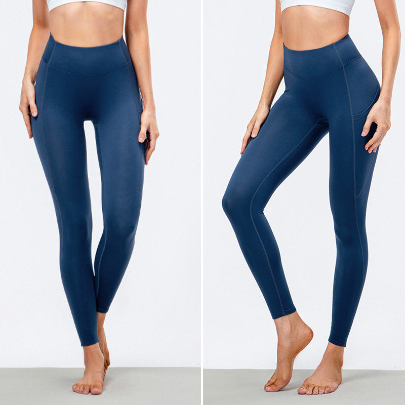 Beakey Womens Fleece Leggings with Pockets Tummy Control Thermal Yoga Pants-Blue