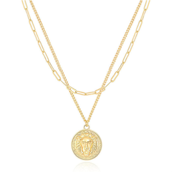 Beakey Simple Cute Long Pendant Necklace Oval Link Choker Double Layer Jewery-Lion-GL-0092A