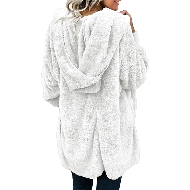 Beakey Womens Long Sleeve Fuzzy Fleece Jacket Hooded Cardigan Coat with Pockets-White