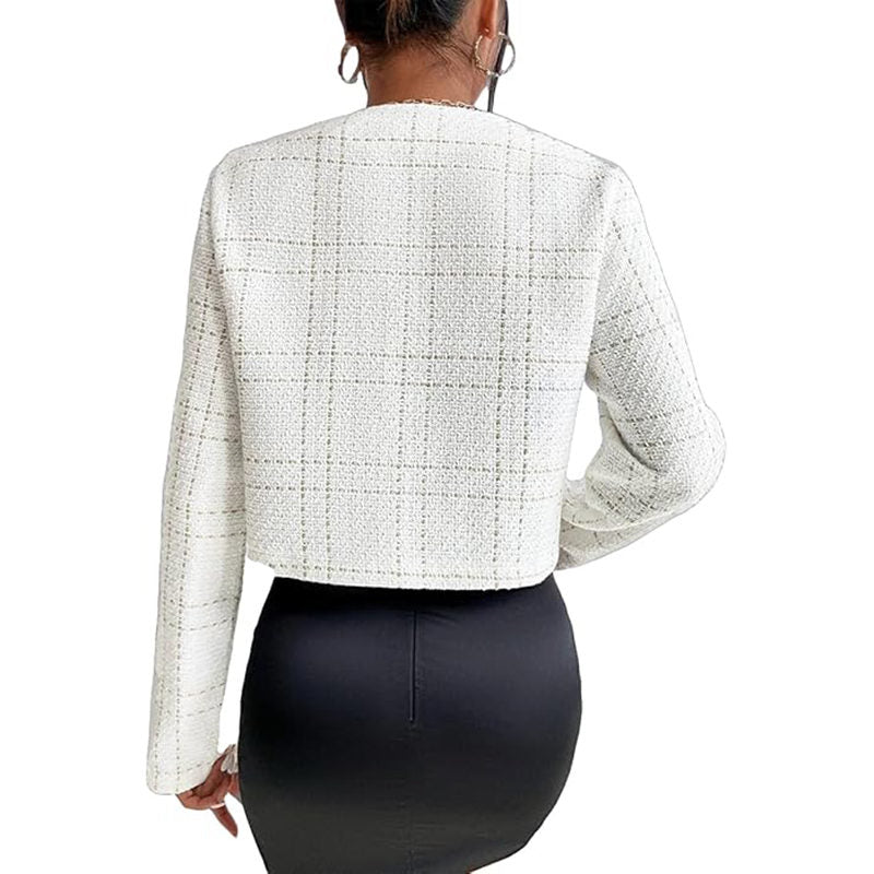 Beakey Cropped Blazer Jacket for Women Collarless Tweed Plaid Outerwear-White