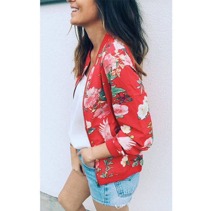 Beakey Women's Fashion Zip Up Casual Jacket Coat Short Outwear Flower Printing Tops-Red-8795
