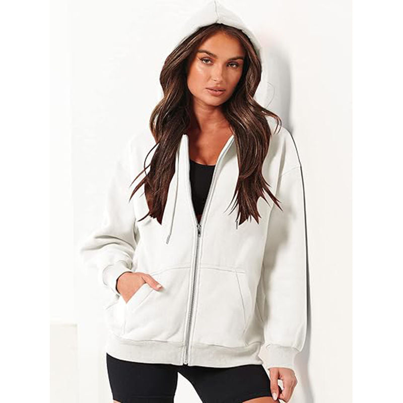 Beakey Womens Zip Up Hoodies with Pockets Y2K Oversized Sweatshirts-White