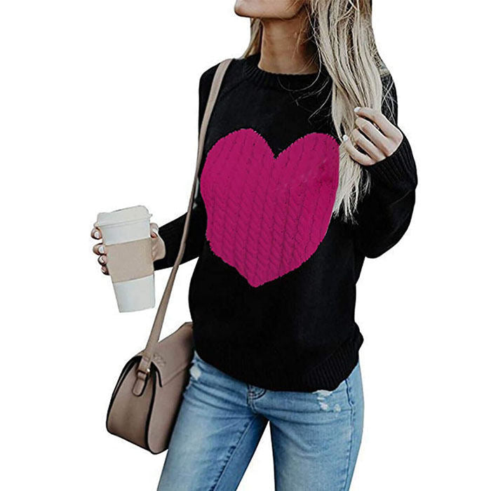 Beakey Women Cute Sweaters Heart Crewneck Long Sleeve Knitted Pullover Sweater-Black And Rose-118004