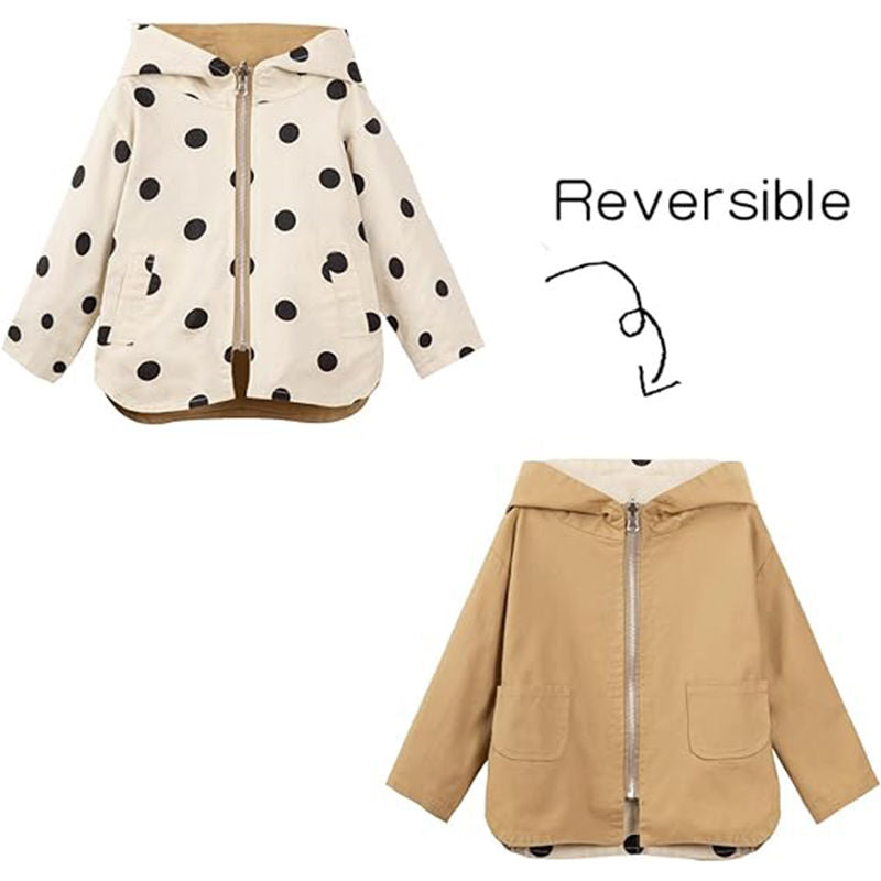 Beakey Cute Dot Hooded Jacket for Girls Reversible Full Zipper Outerwear-Khaki