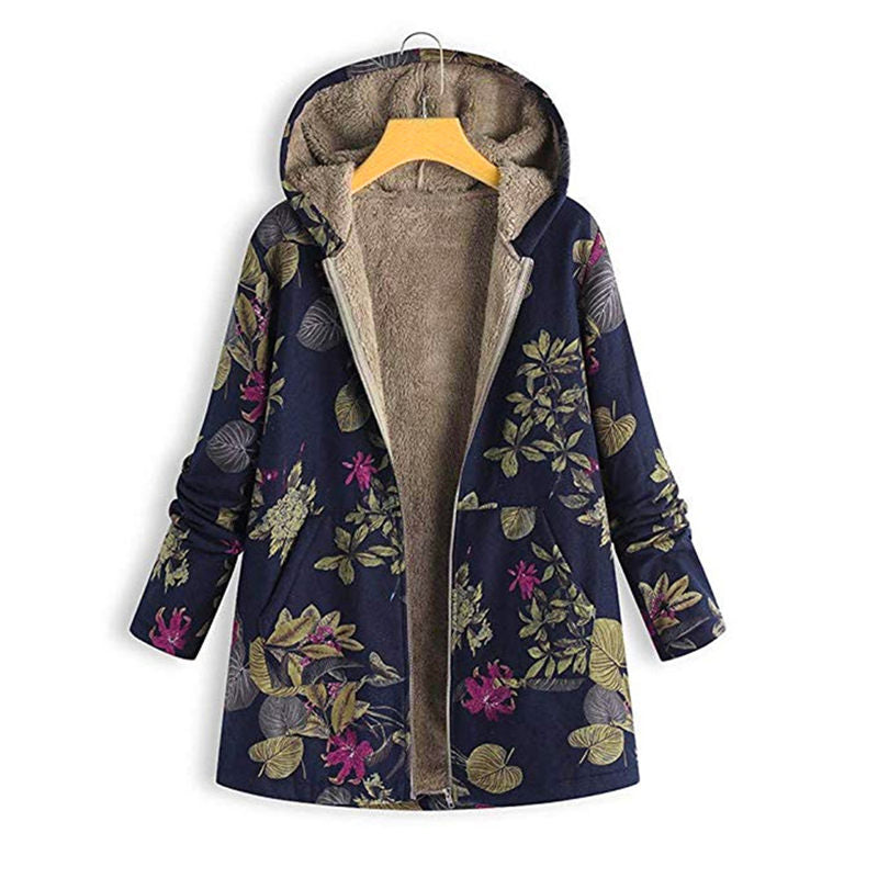 Beakey Womens Bohemian Floral Print Jacket Plush Hooded Warm Coat-B