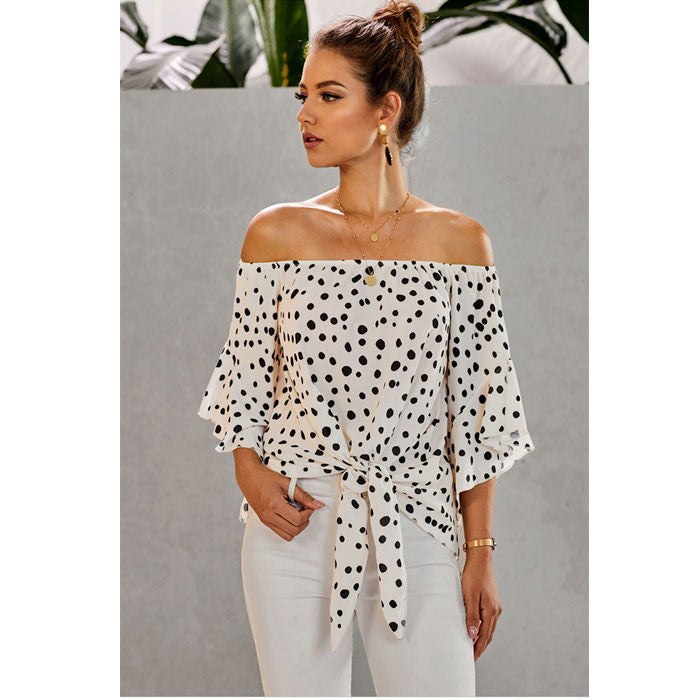Beakey Womens Wave Point Off Shoulder Tops 3/4 Flared Sleeve Tops Casual Tie Knot-White-LC252344