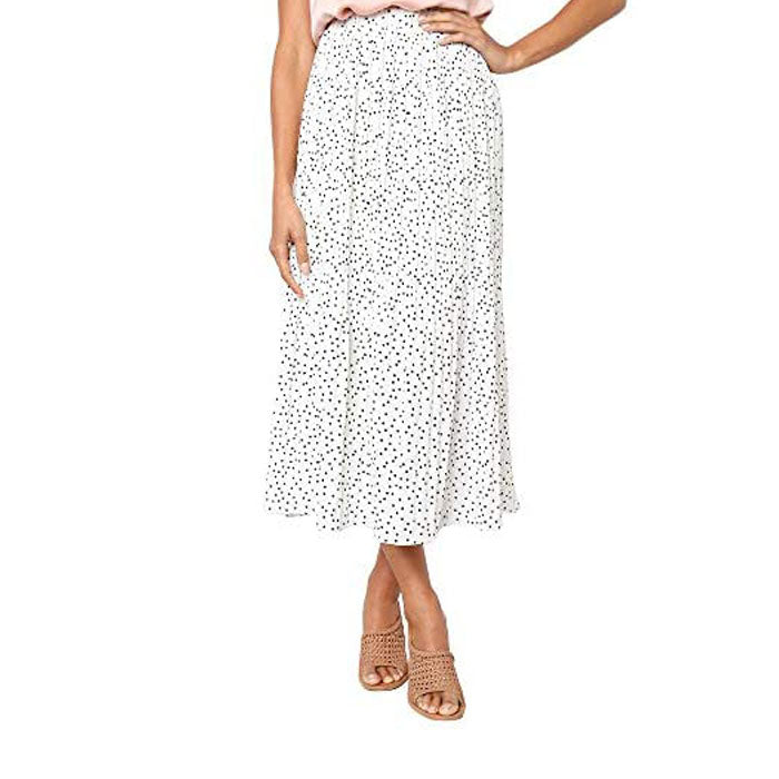 Beakey Womens High Waist Skirt Polka Dot Pleated Midi Maxi Swing Skirt High Elastic-White-0387