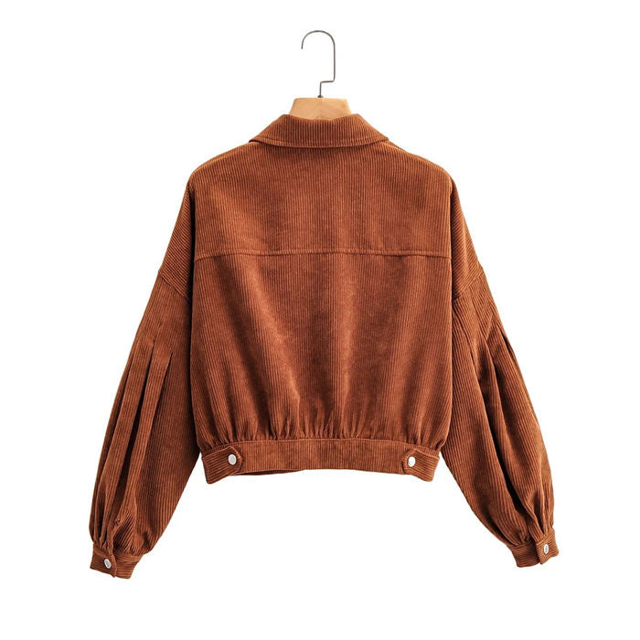 Beakey Women's Lantern Sleeve Button Up Corduroy Jacket Coat-Brown-H52-1029