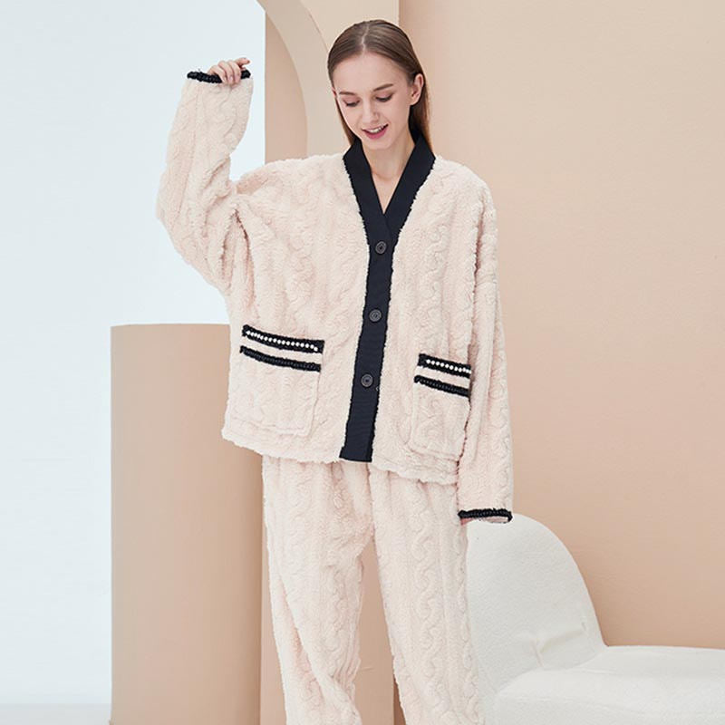 Beakey Women's Fleece Fashion Cardigan Pajama Set-Beige